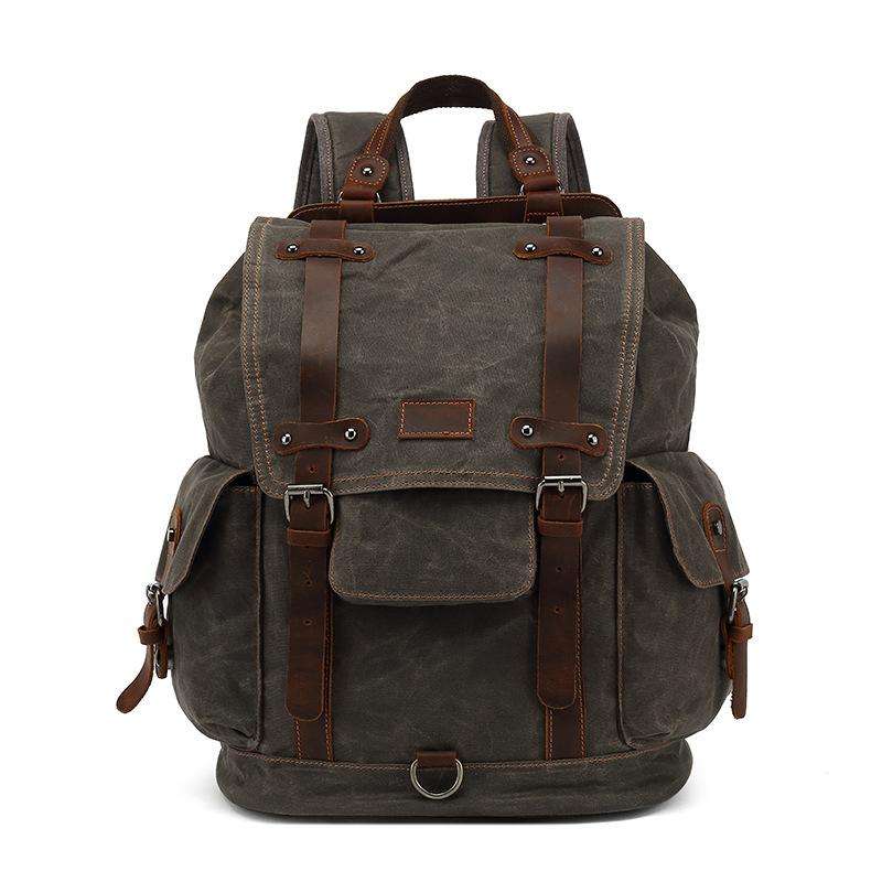 WMNS Sturdy Rectangular Canvas Backpack - Outer Flap Pocket / Coffee